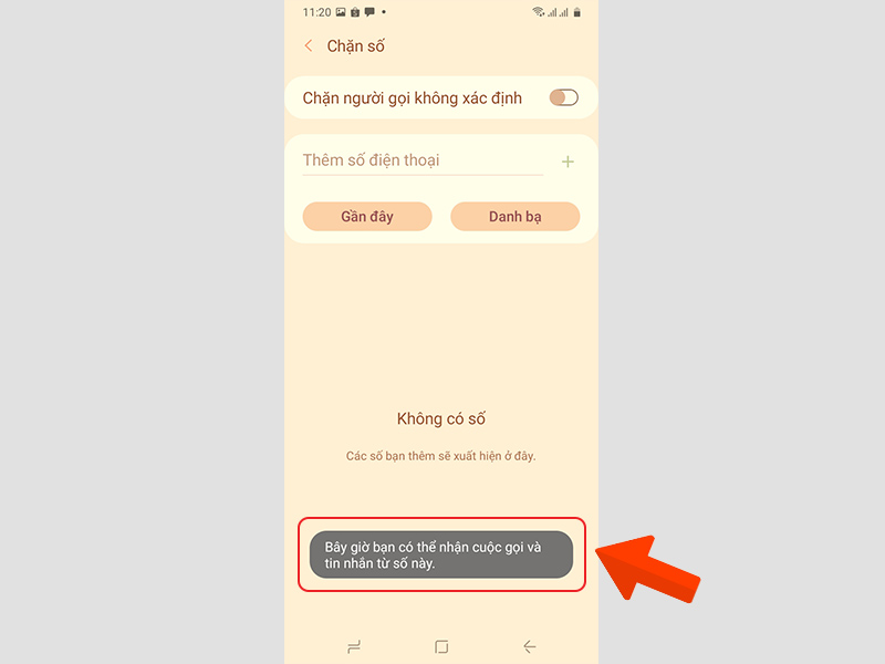 Thông báo bỏ chặn số thành công